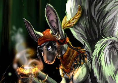 A riardi in the deep southern jungle is infusing magic into a tea held within a gourd vessel. A riardi in the deep southern jungle is infusing magic into a tea held within a gourd vessel